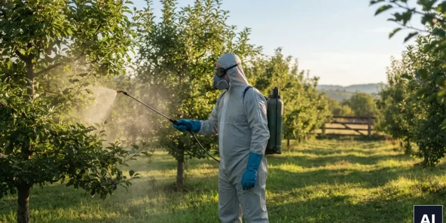 Zabieg ochronny w przydomowym sadzie jabłoniowym wykonywany opryskiwaczem plecakowym